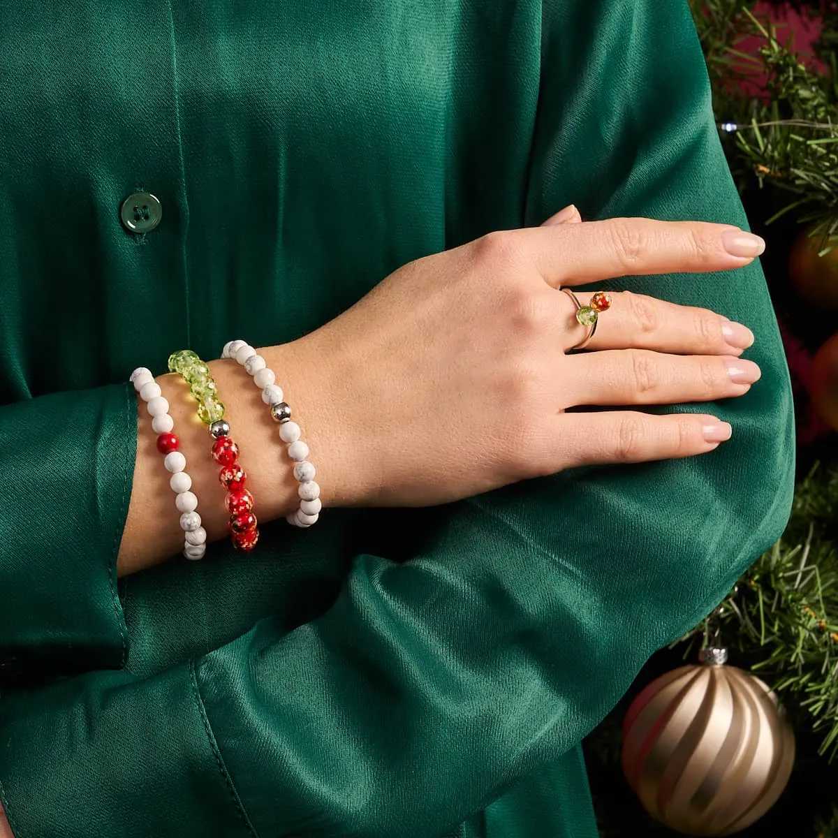 Red Holly x Frosted Mistletoe | .925 Sterling Silver | Firefly Glass Bracelet