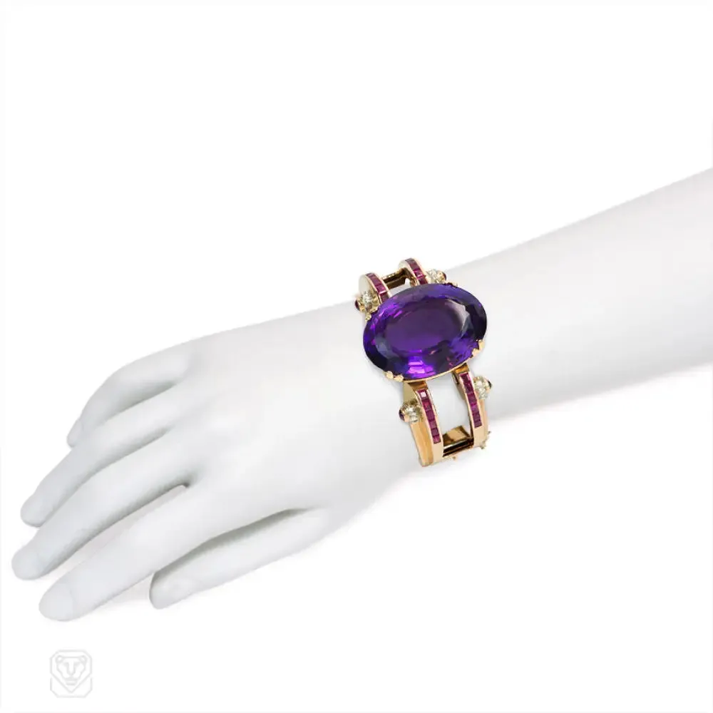Retro rose gold, amethyst, ruby, and diamond bracelet