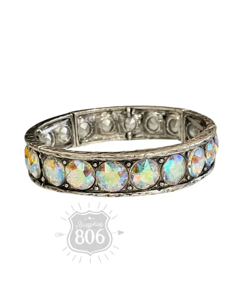 Rhinestone Studded Stretch Cuff Bracelet in Silver