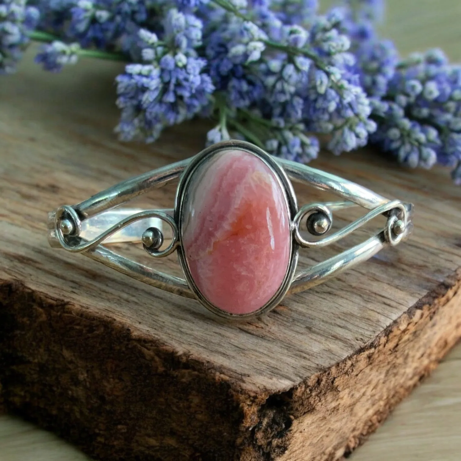 Rhodochrosite Solid 925 Sterling Silver Cuff Bracelet