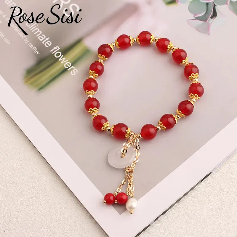 Rose sisi Chinese style classic style charm lady bracelet for women jade pendant beads bracelets elastic jewelry for women gift