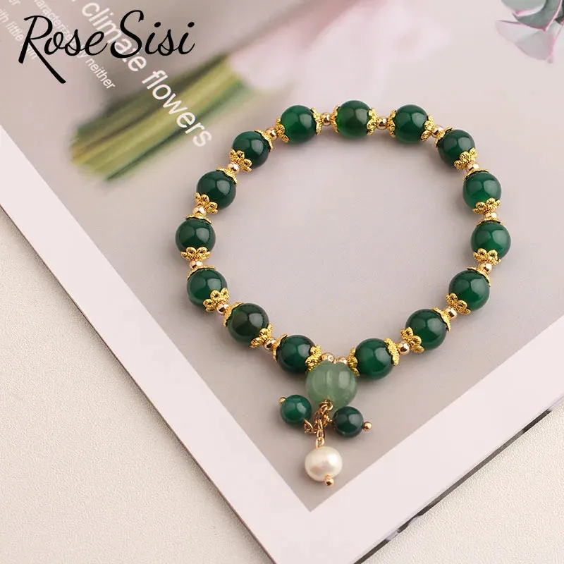 Rose sisi Chinese style classic style charm lady bracelet for women jade pendant beads bracelets elastic jewelry for women gift