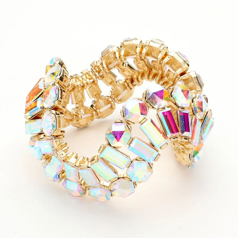 Round and Emerald Cut AB Crystal Wavy Stretch Pageant Bracelet on Gold | Prom Jewelry |  645261