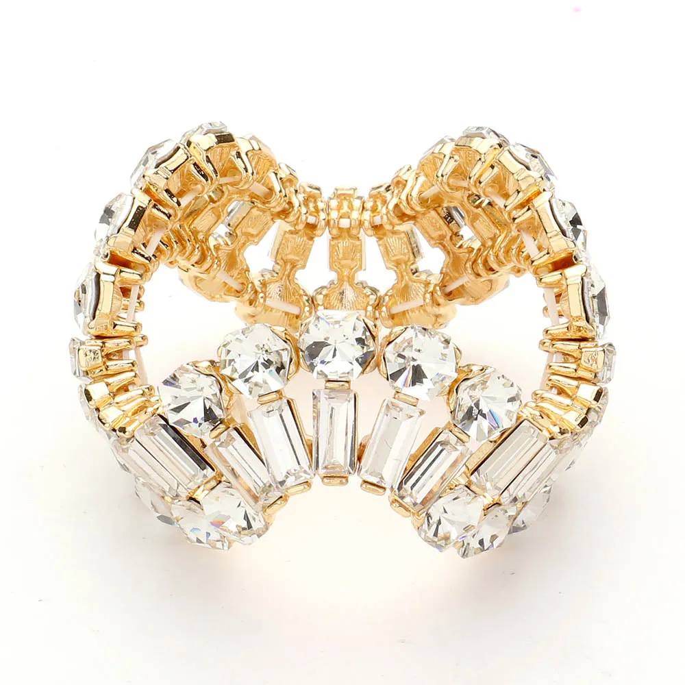 Round and Emerald Cut Clear Crystal Wavy Stretch Pageant Bracelet on Gold  | Prom Jewelry | 645255