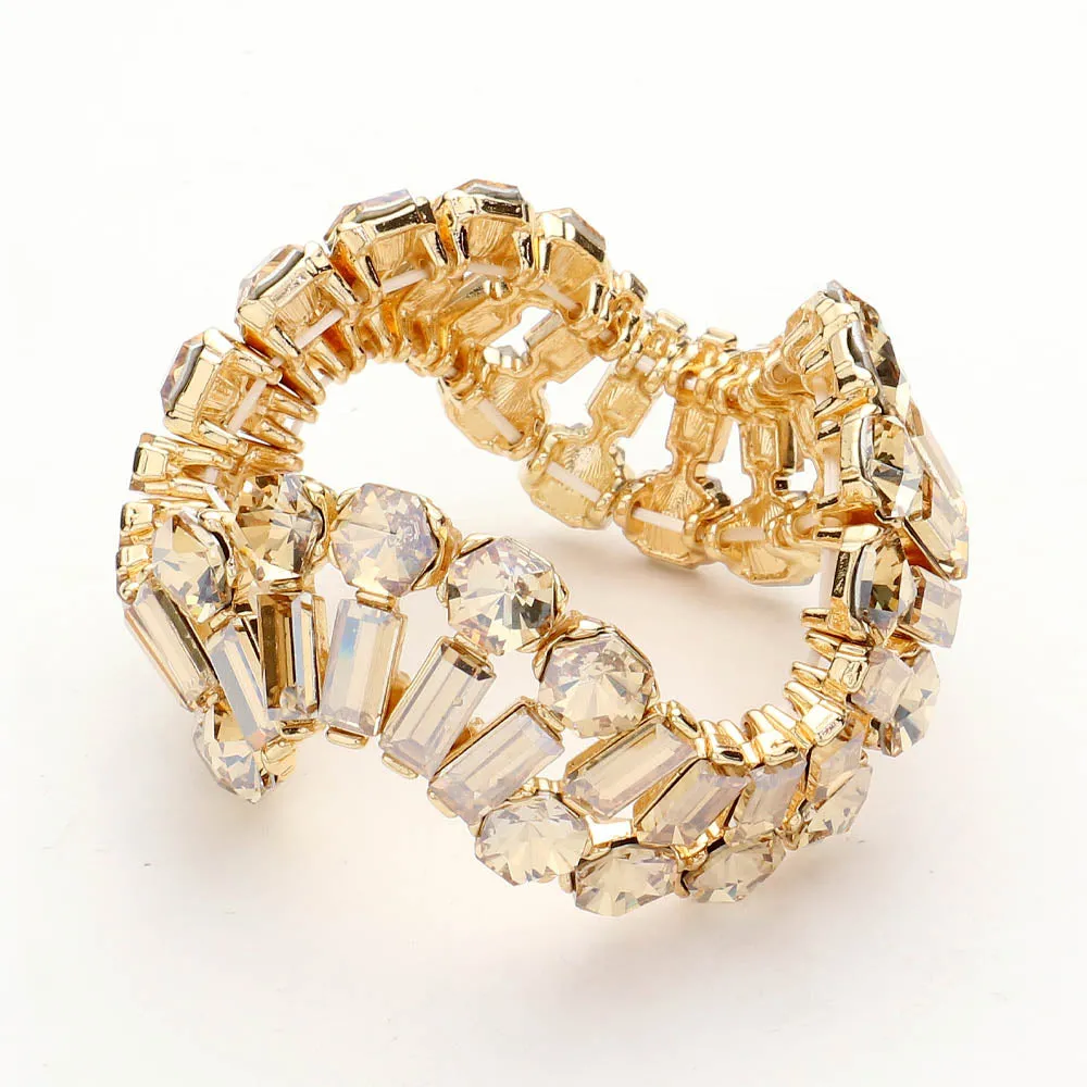 Round and Emerald Cut Light Topaz Crystal Wavy Stretch Pageant Bracelet  | Prom Jewelry |645257