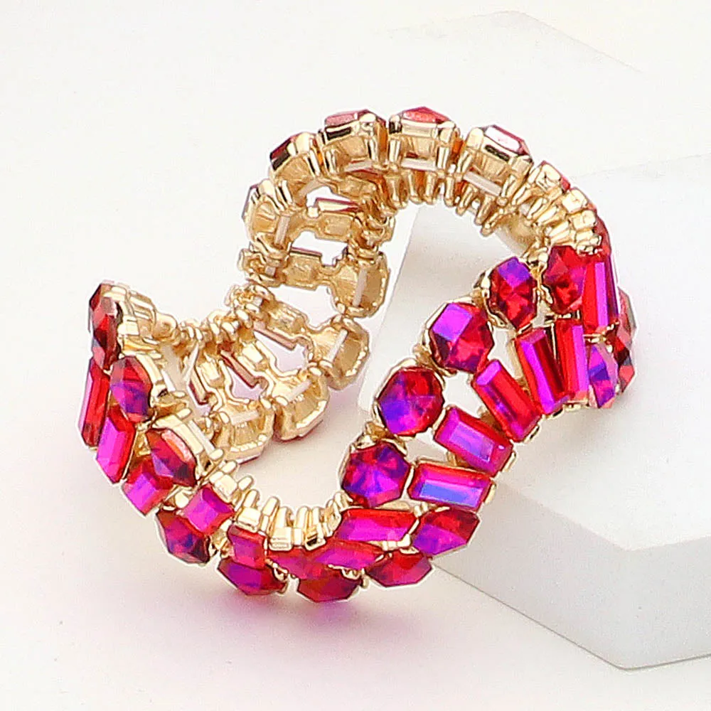Round and Emerald Cut Purple AB Crystal Wavy Stretch Pageant Bracelet | Prom Jewelry |  645259