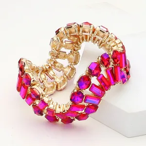 Round and Emerald Cut Purple AB Crystal Wavy Stretch Pageant Bracelet | Prom Jewelry |  645259