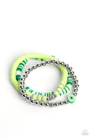 Sam EYE Am - Green - Rubber Disc Silver Bead Paparazzi Stretchy Bracelet - 2023 Empower Me Pink Exclusive
