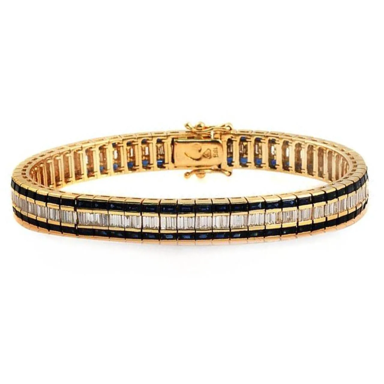 Sapphire And Baguette Diamond Tennis Bracelet, 18k Yellow Gold