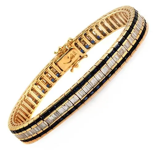 Sapphire And Baguette Diamond Tennis Bracelet, 18k Yellow Gold