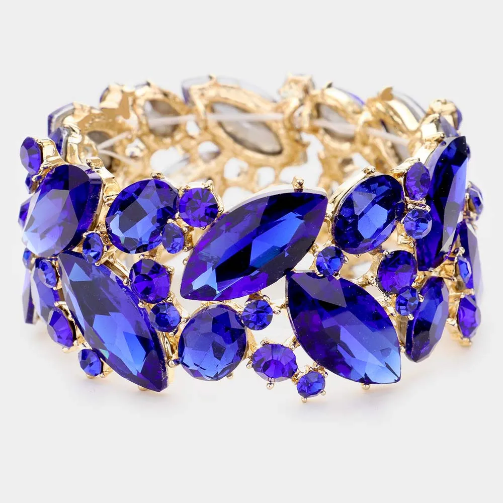 Sapphire Crystal Marquise Stretch Statement Bracelet on Gold | 461833