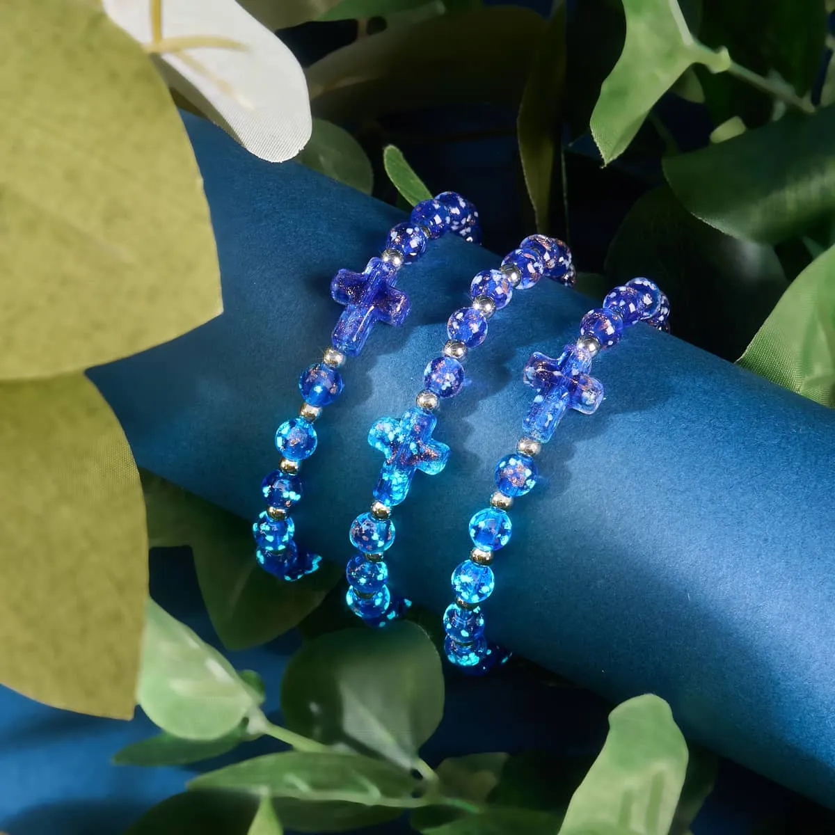 Sapphire | Silver | Firefly Glass Cross Bracelet