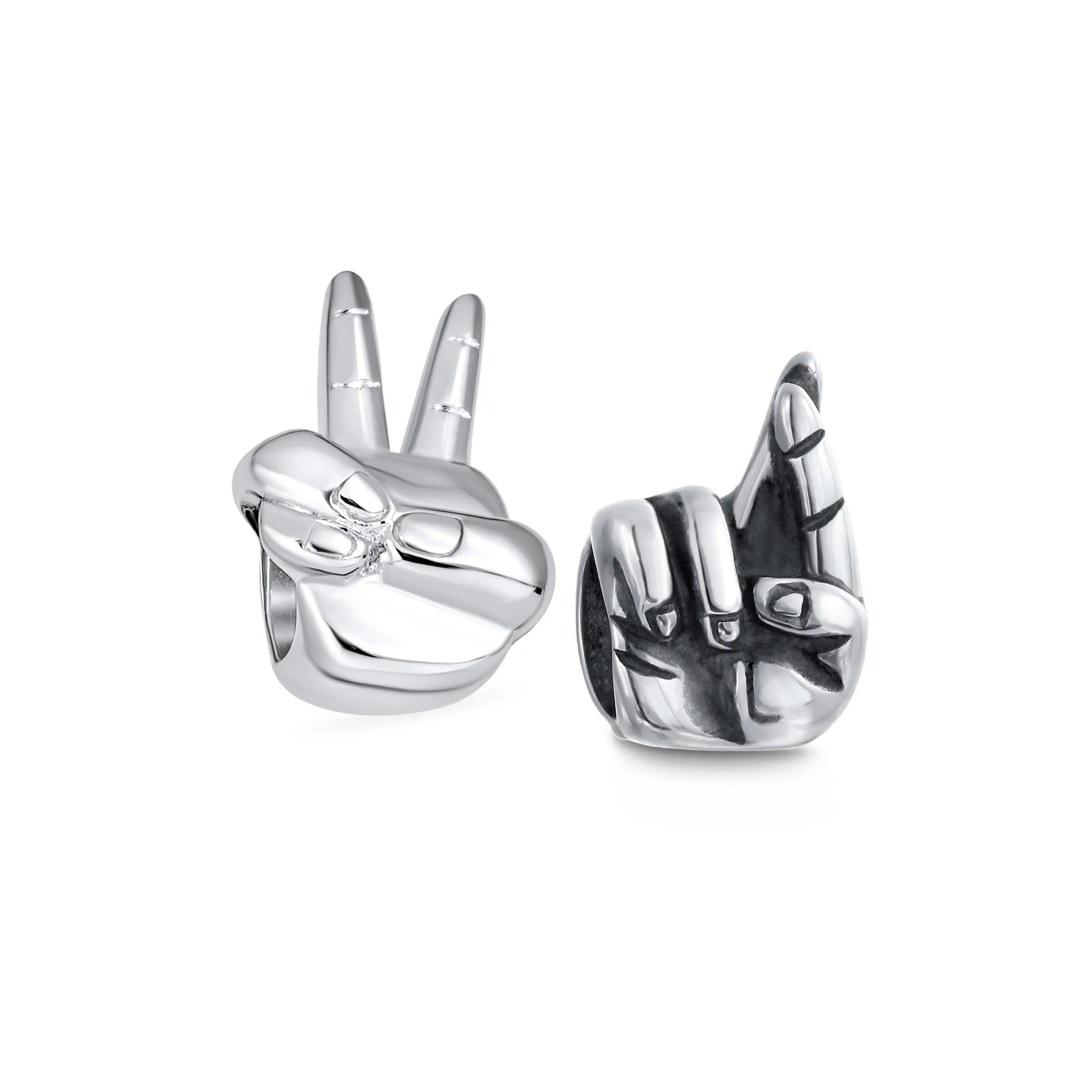Set of 2 Peace & Good Luck Hand Sign Fingers Crossed Charm Bead Sterling Silver