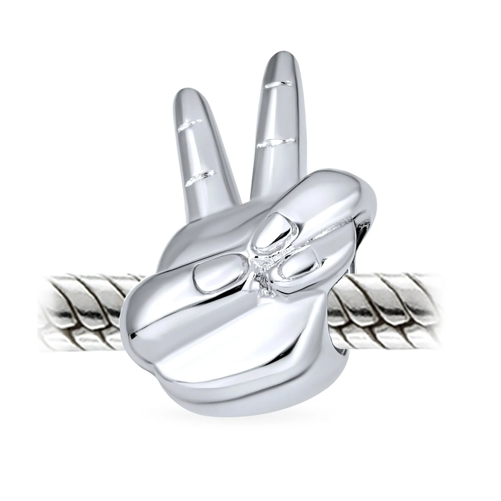 Set of 2 Peace & Good Luck Hand Sign Fingers Crossed Charm Bead Sterling Silver