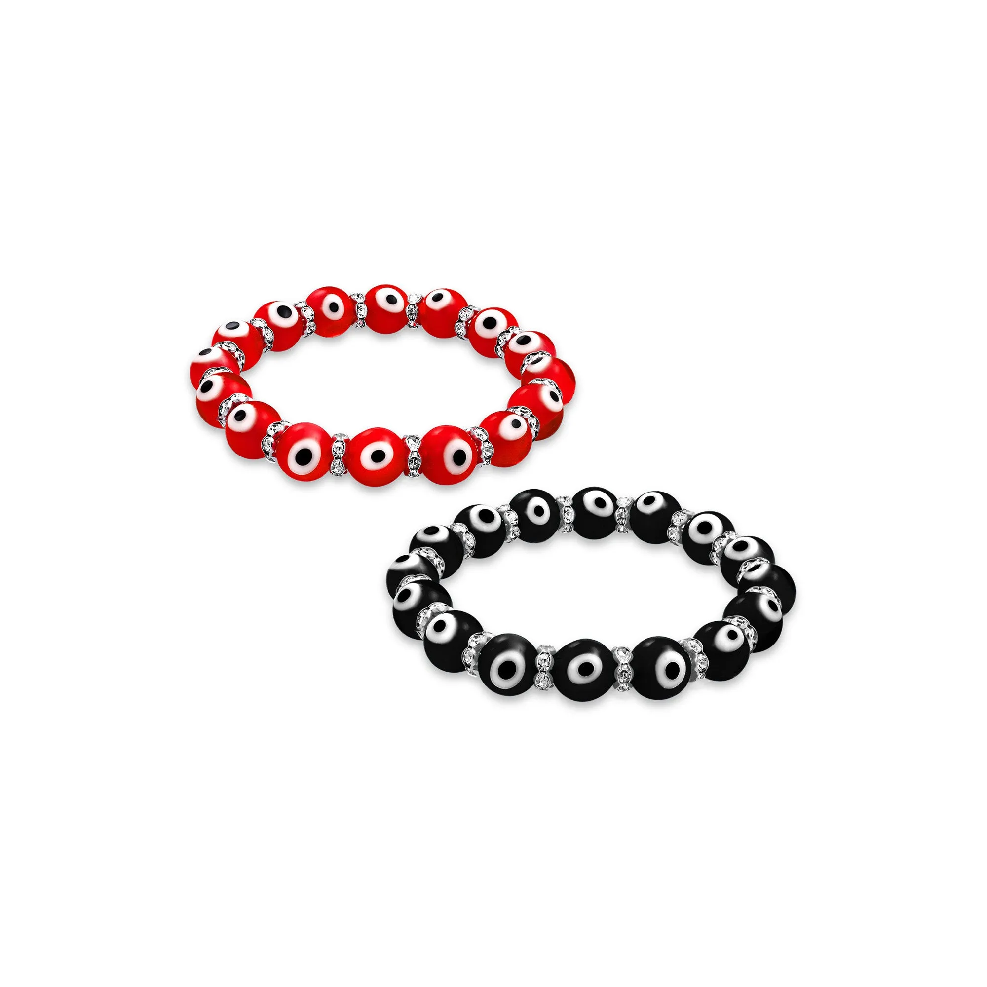 Set of 2 Turkish Glass Bead Evil Eye Stretch Bracelet with Crystal Spacers
