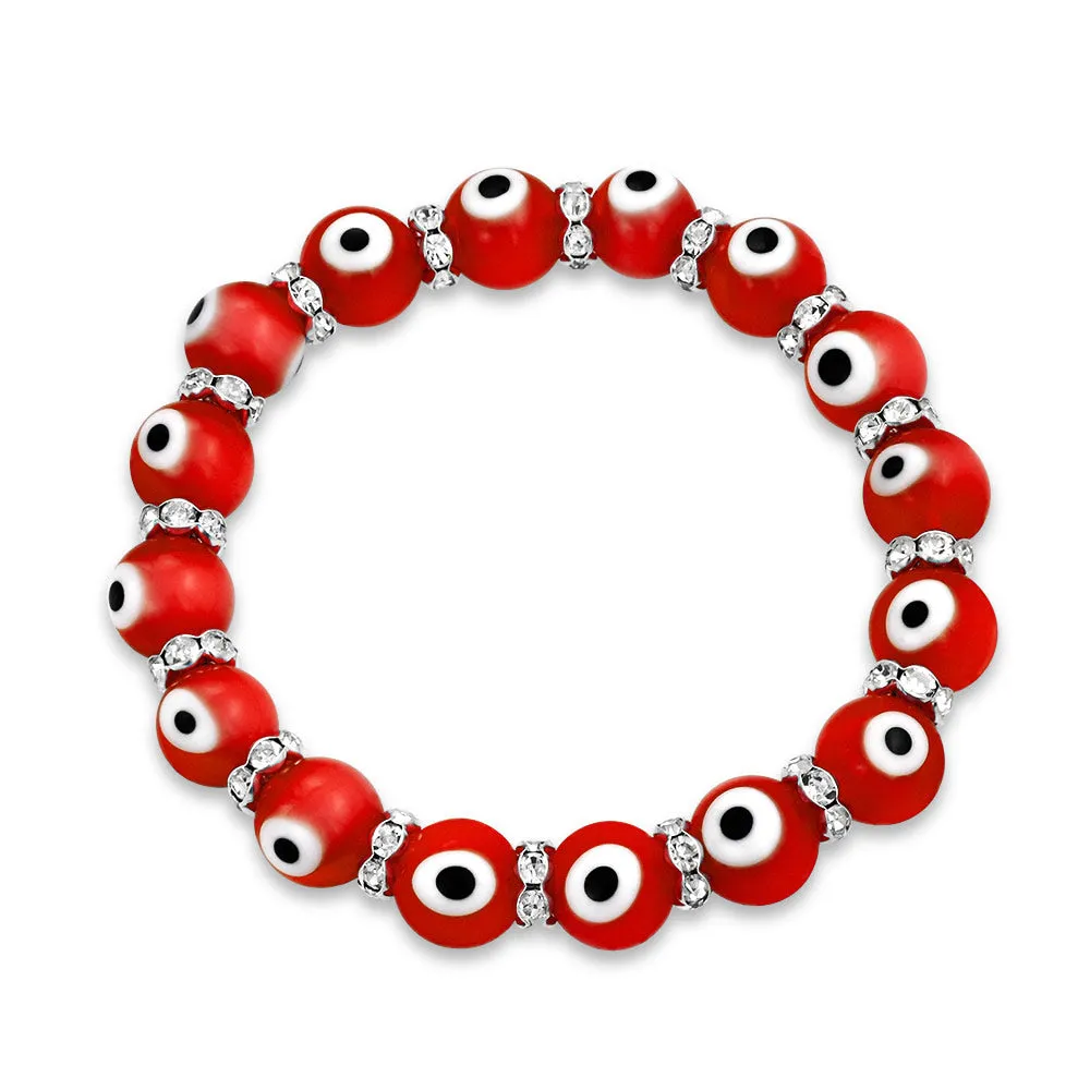 Set of 2 Turkish Glass Bead Evil Eye Stretch Bracelet with Crystal Spacers