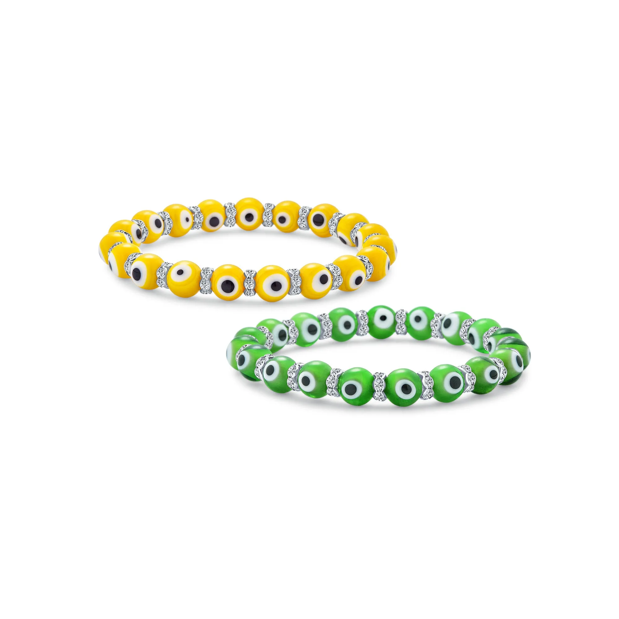 Set of 2 Turkish Glass Bead Evil Eye Stretch Bracelet with Crystal Spacers