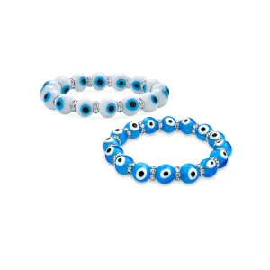 Set of 2 Turkish Glass Bead Evil Eye Stretch Bracelet with Crystal Spacers