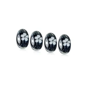 Set of 4 Black White Floral Glass Charm Bead for European Bracelets Silver Core