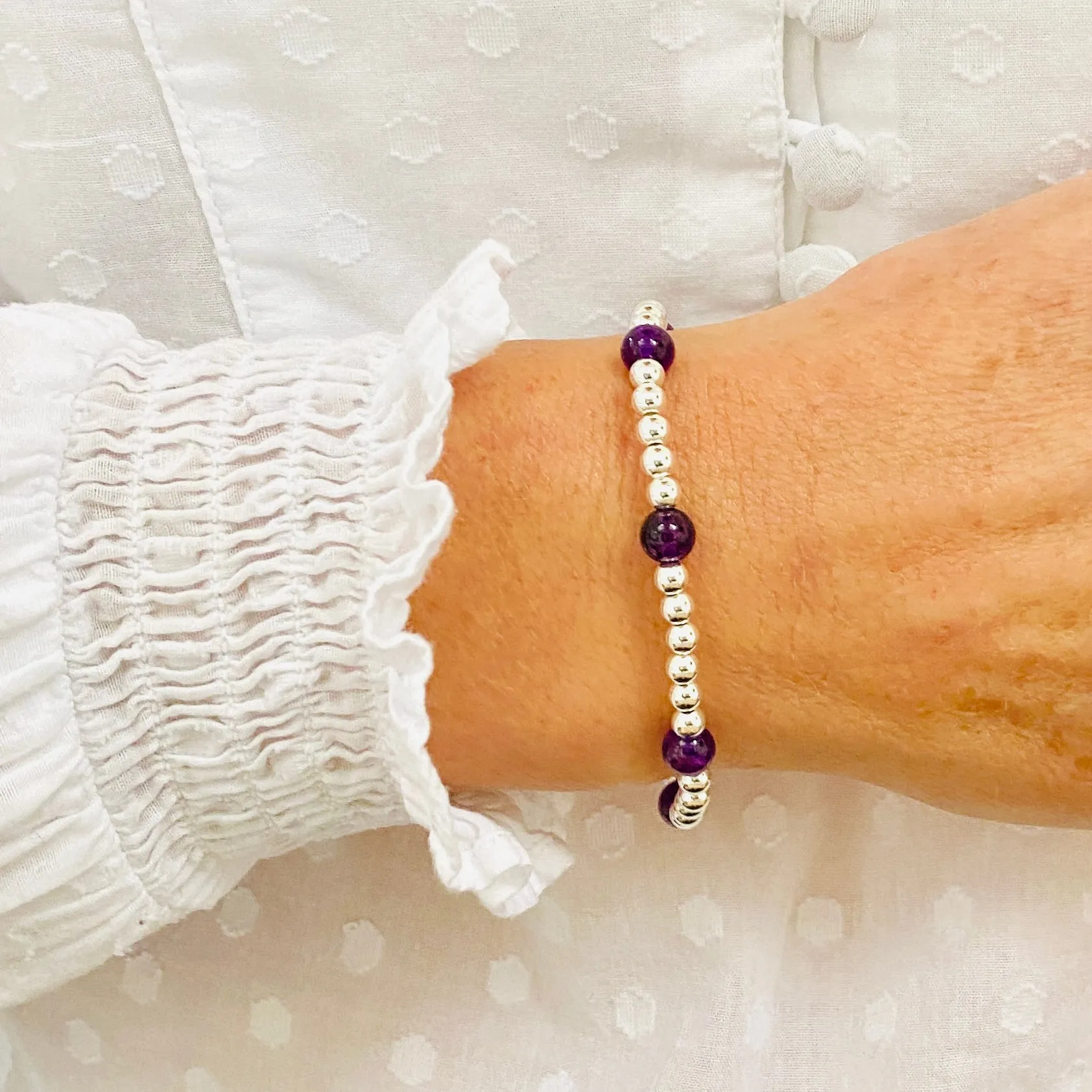 Silver Bead and Amethyst Gemstone Bracelet