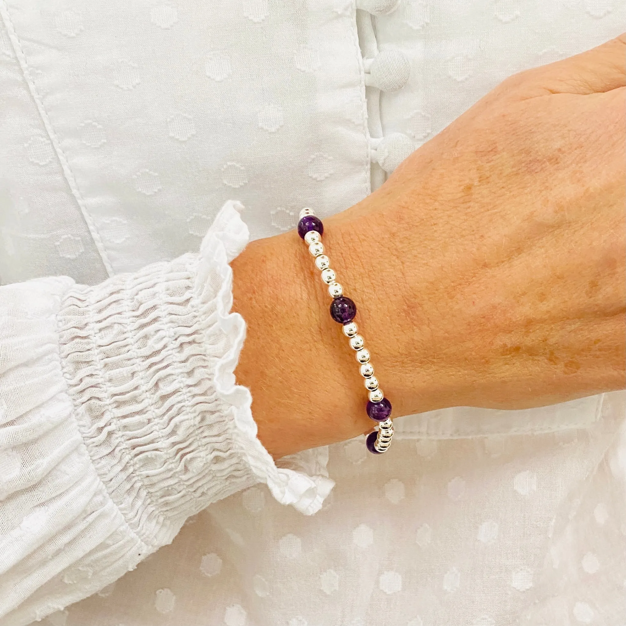 Silver Bead and Amethyst Gemstone Bracelet
