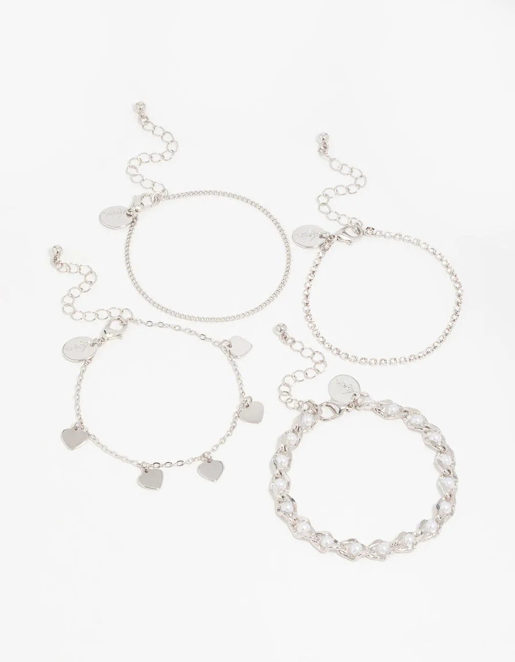 Silver Diamante & Pearl Mixed Bracelets 4-Pack