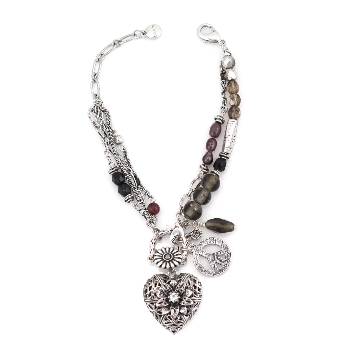SILVER HEART FILIGREE CHARMS GREY BRACELETS #215BK2201 (1C5)