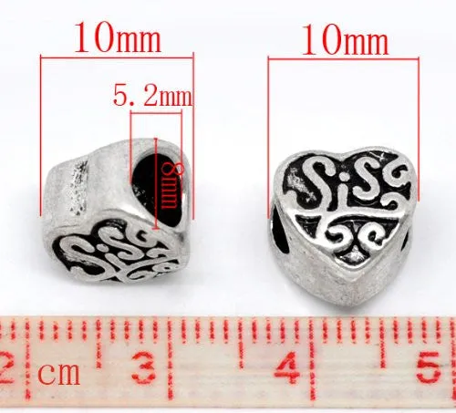 Sis Heart European Bead Compatible for Most European Snake Chain Bracelet