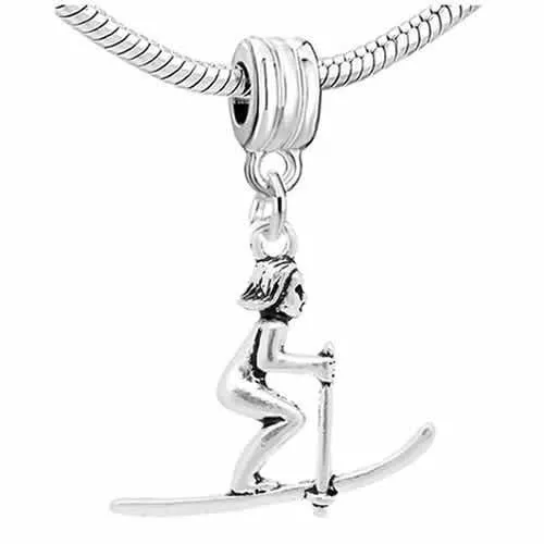 Snow Skier Dangle Charm European Bead Compatible for Most European Snake Chain Bracelet