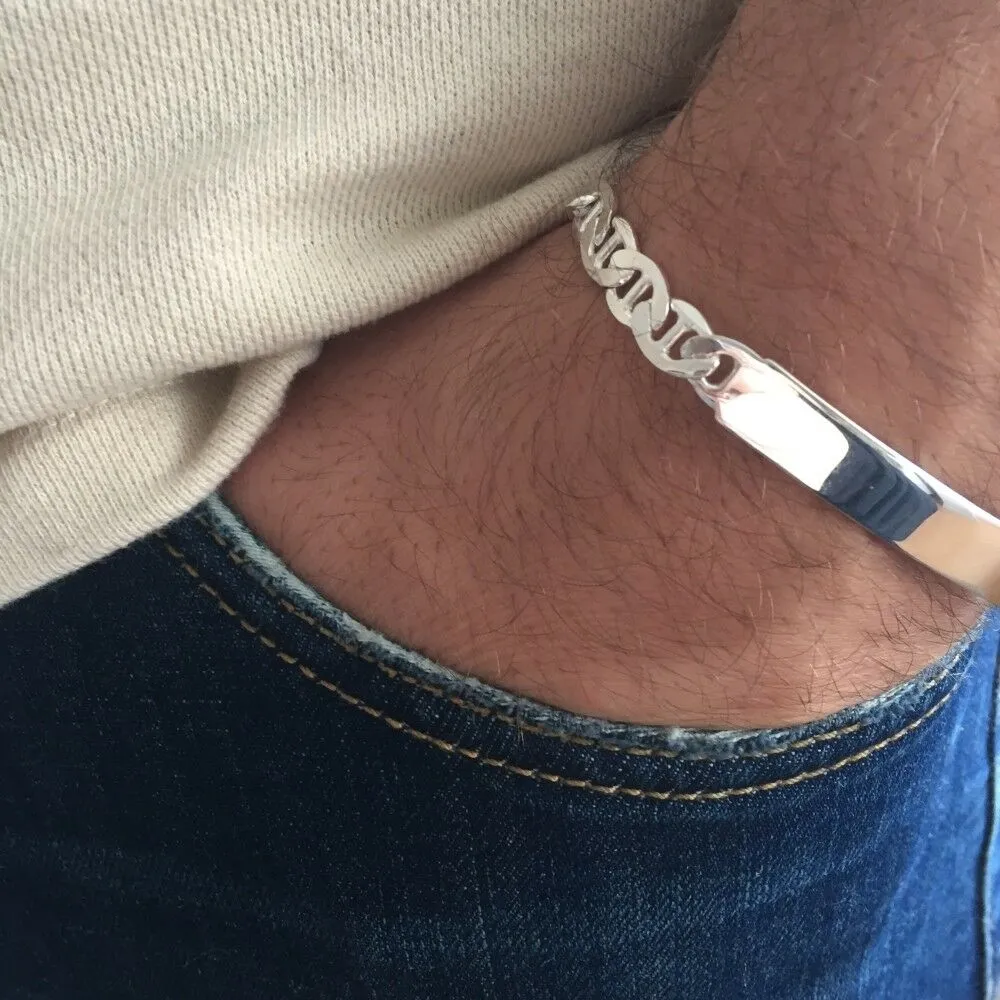 Solid Silver Wide Mariner Chain Men's ID Tag Bracelet Custom Engrave