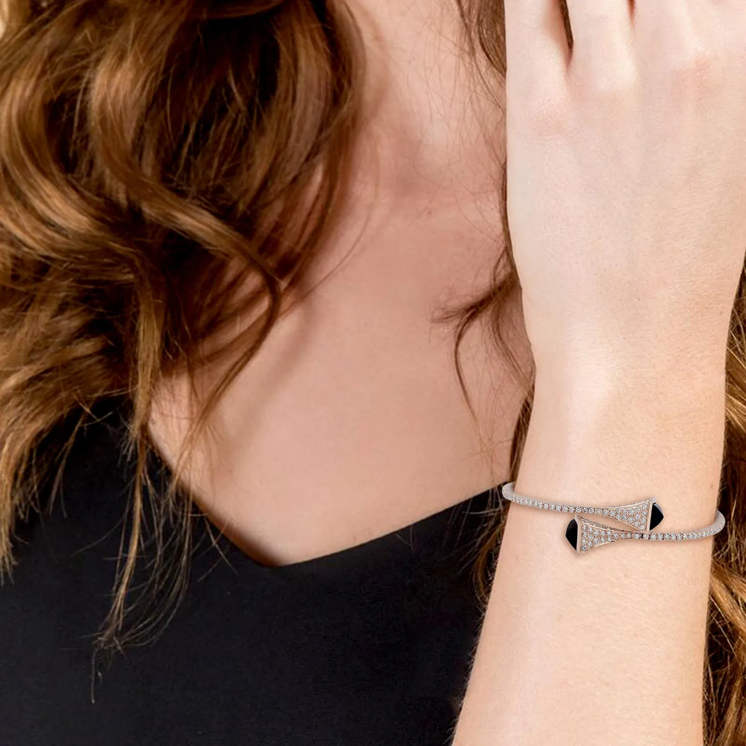 Square Onyx Pave Diamond Designer Cuff Bracelet In 18K Rose Gold Jewelry