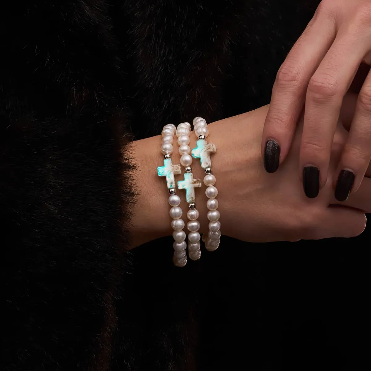 St. Amanda | .925 Sterling Silver | Alabaster Firefly Glass x Ivory Freshwater Pearl Cross Bracelet
