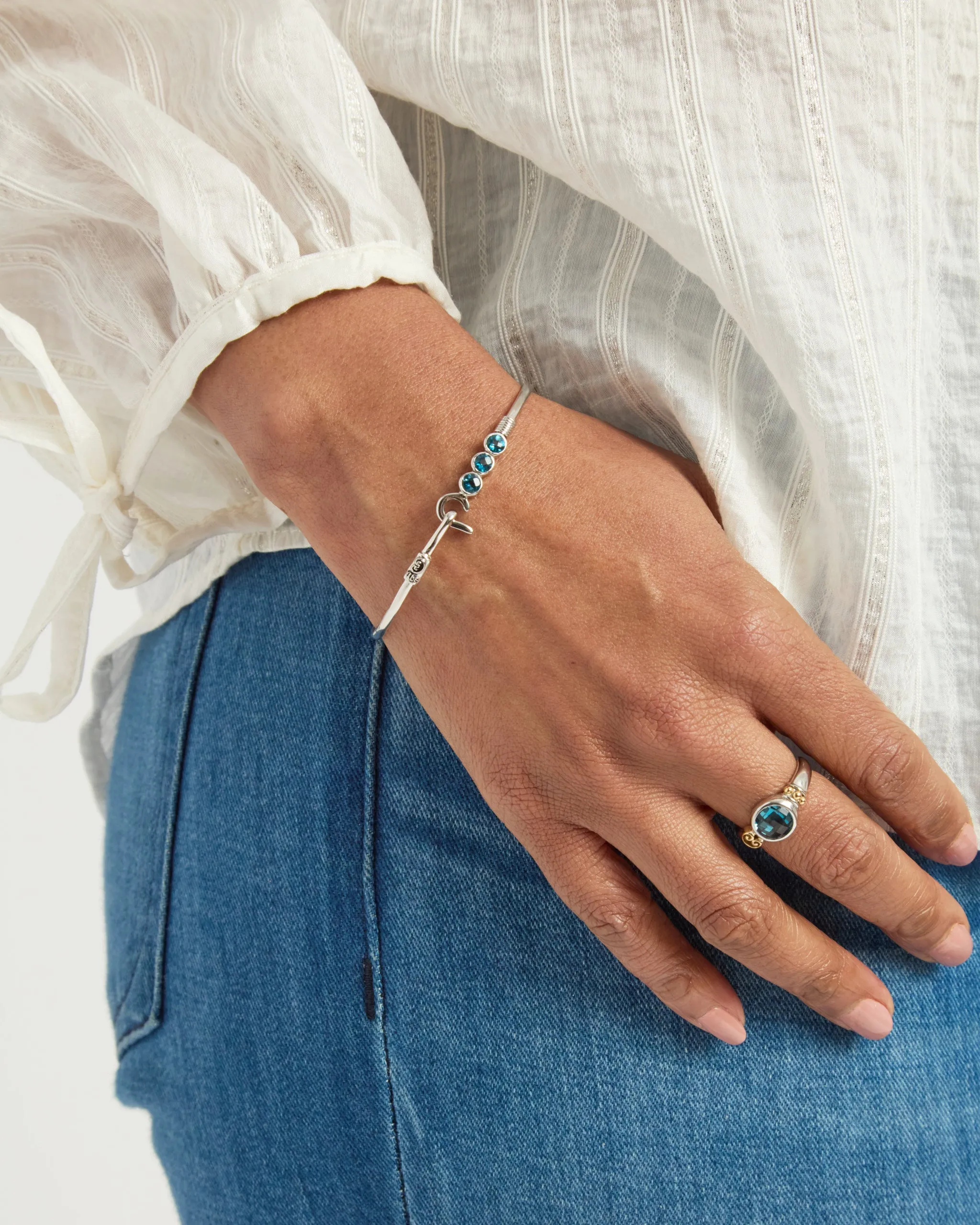 St. John Hook Bracelet with Triple Stones, 2mm - London Blue Topaz