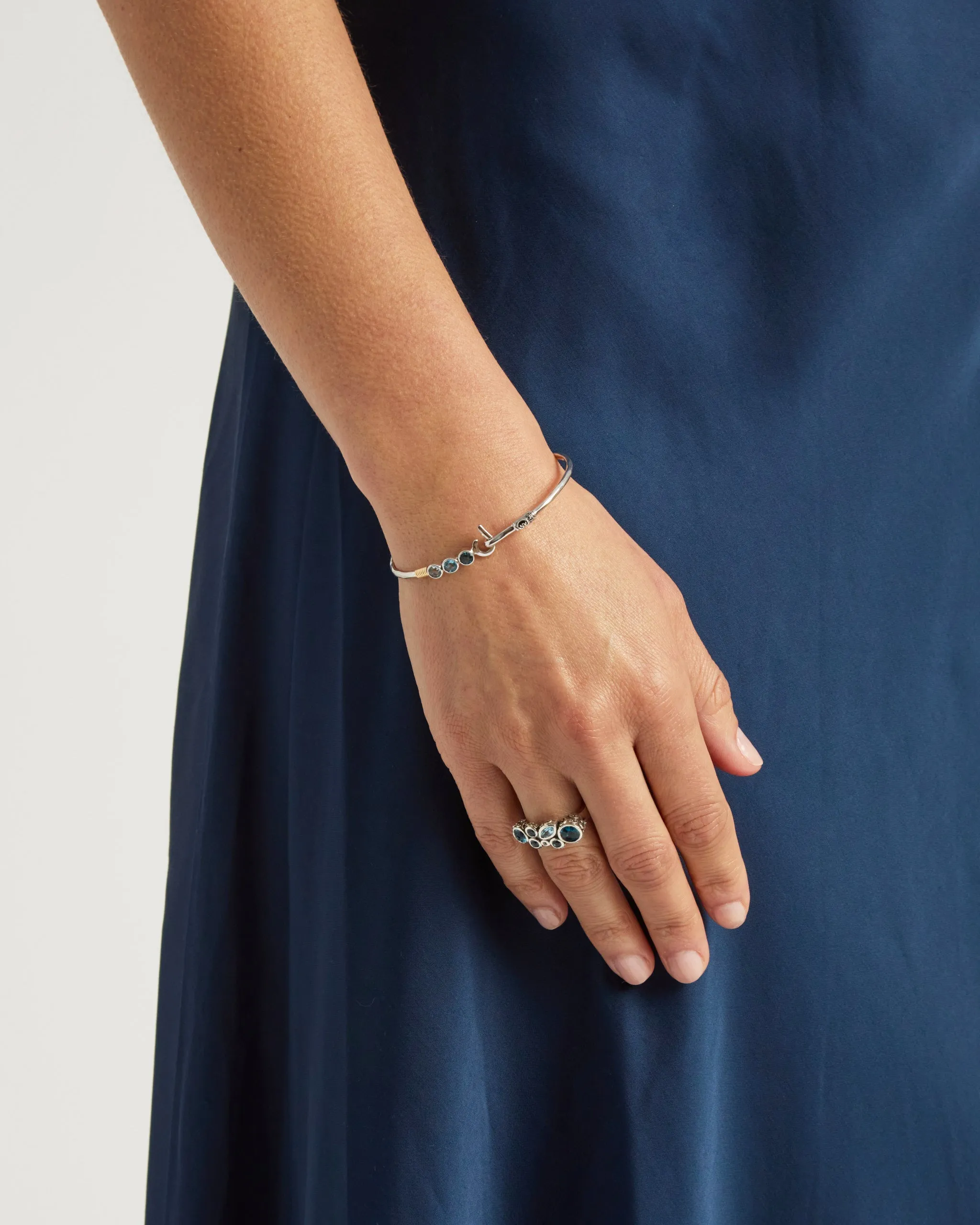 St. John Hook Bracelet with Triple Stones, 2mm - London Blue Topaz/Hampton Blue Topaz/Blue Topaz