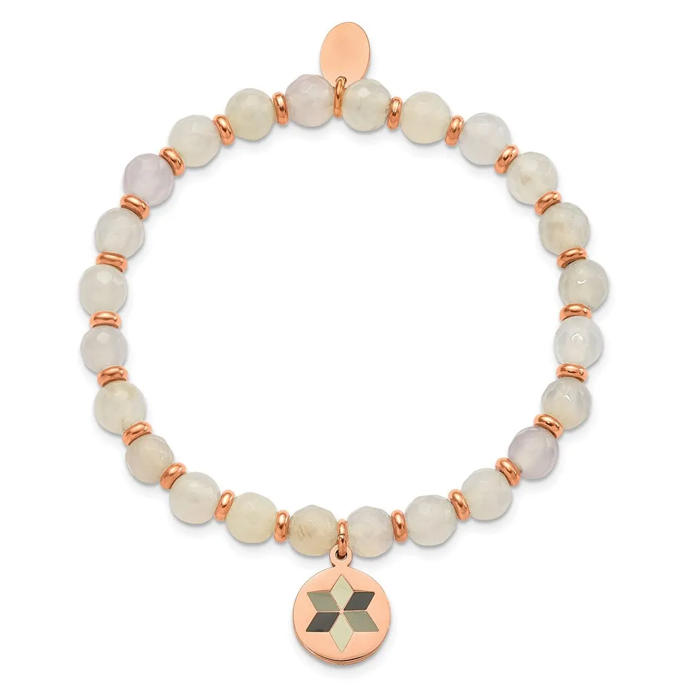 Stainless Steel Polished Rose IP Enamel Flower Jade Stretch Bracelet
