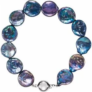 Sterling Silver 13-14 mm Black Freshwater Cultured Coin Pearl 7.75" Bracelet