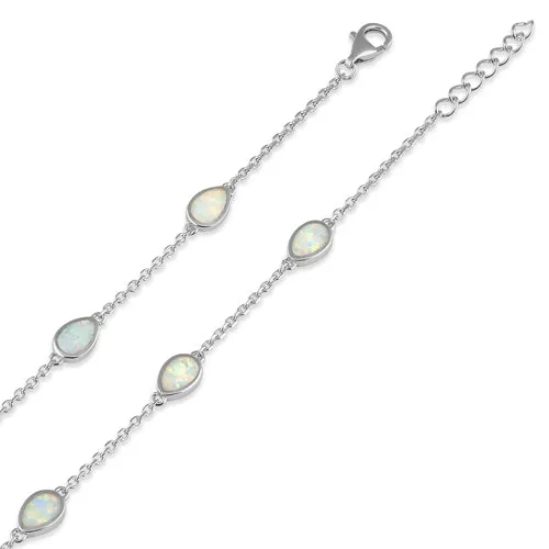 Sterling Silver Adjustable Dainty Chain Bracelet with White Lab Opal