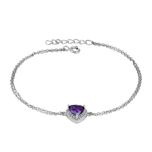 Sterling Silver Amethyst and Clear CZ Heart Halo Bracelet