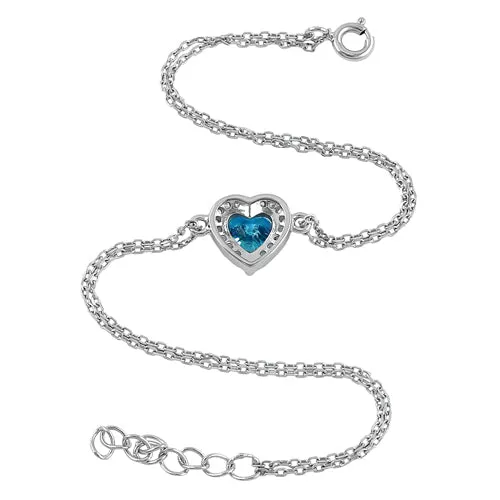 Sterling Silver Blue Topaz and Clear CZ Heart Halo Bracelet