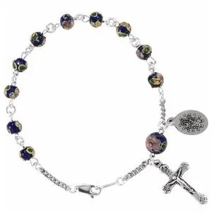 Sterling Silver Cobalt Cloisonné Rosary 7 1/2" Bracelet