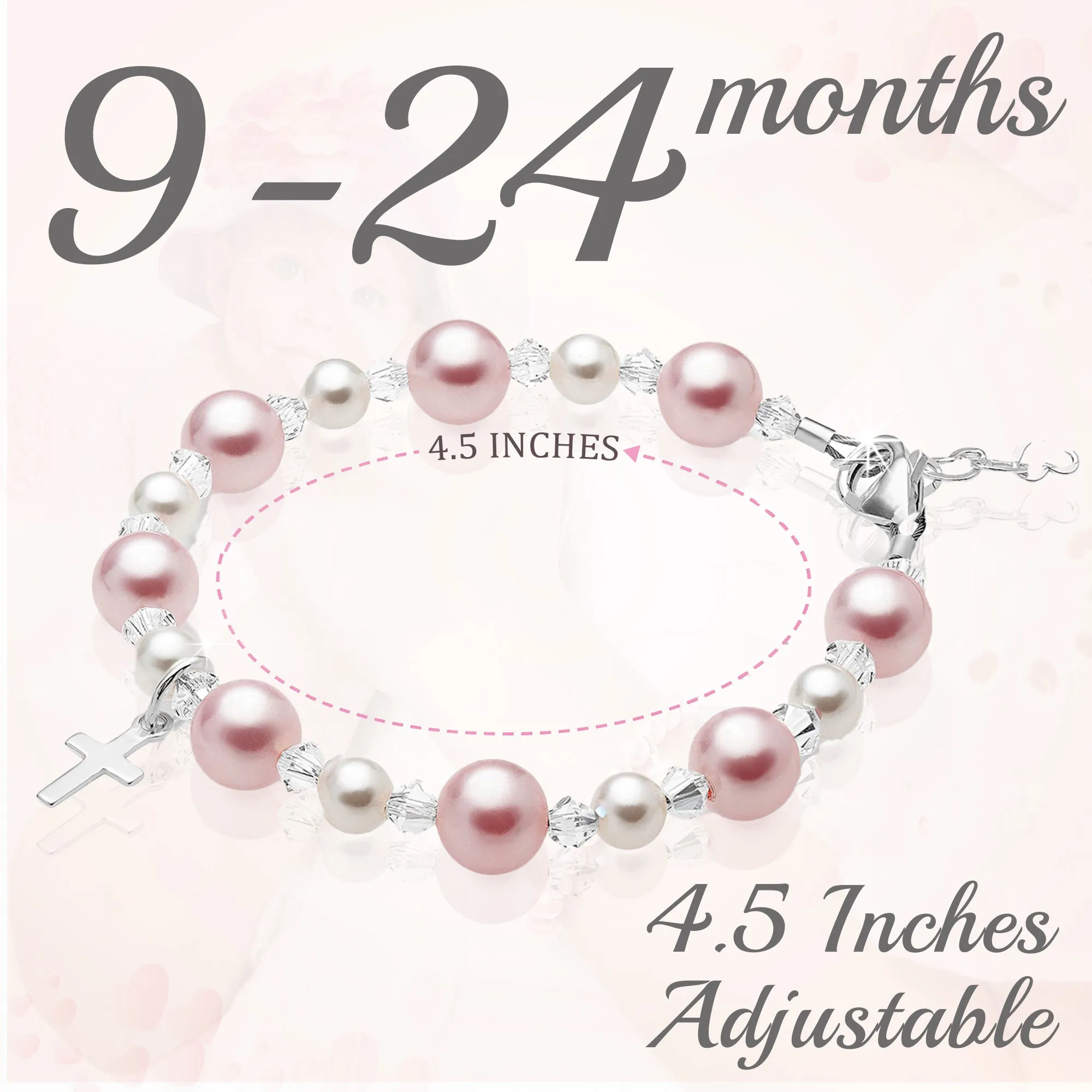 Sterling Silver Cross Baptism Bracelet for Girls - Pink & White Pearl Clear Crystals
