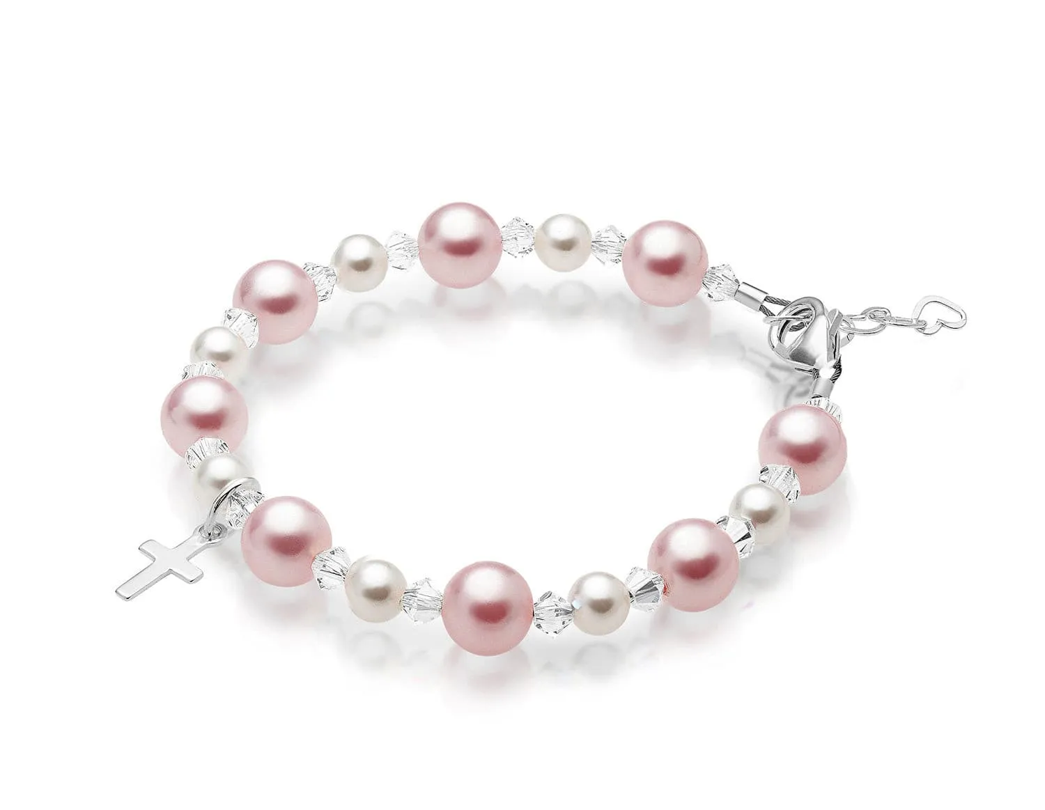 Sterling Silver Cross Baptism Bracelet for Girls - Pink & White Pearl Clear Crystals