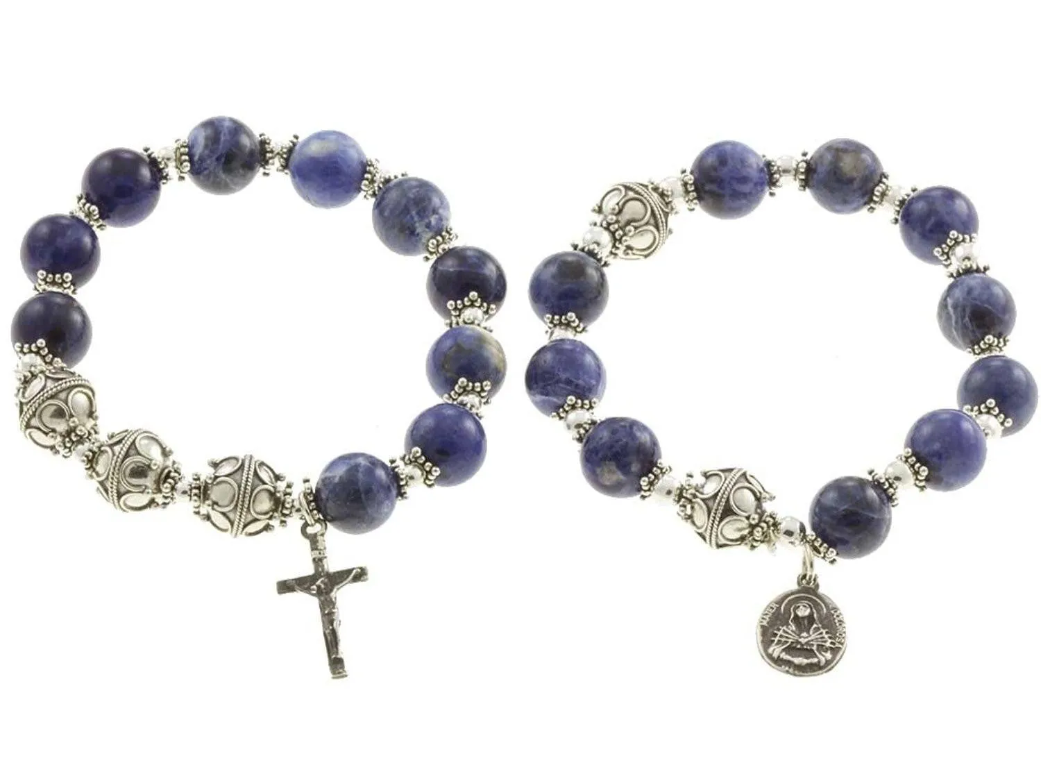 Sterling Silver Double Elastic Rosary Bracelet Sodalite, 7 Sorrows Rosary & Trinity