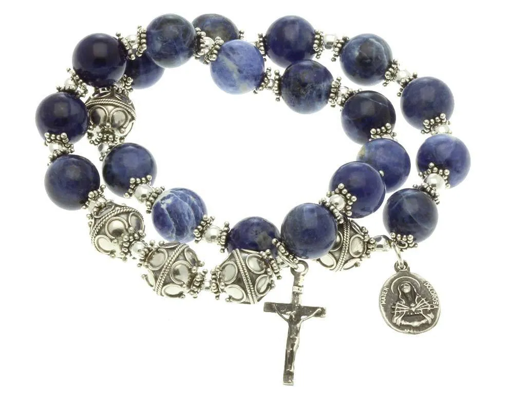 Sterling Silver Double Elastic Rosary Bracelet Sodalite, 7 Sorrows Rosary & Trinity