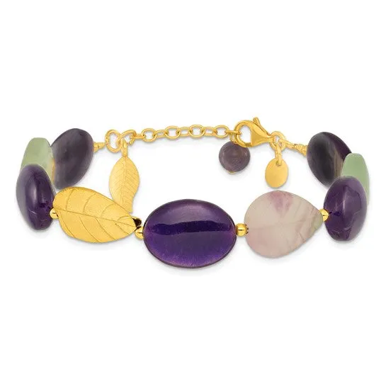 Sterling Silver Gold-plated Amethyst Fluorite and Jade Beaded Bracelet