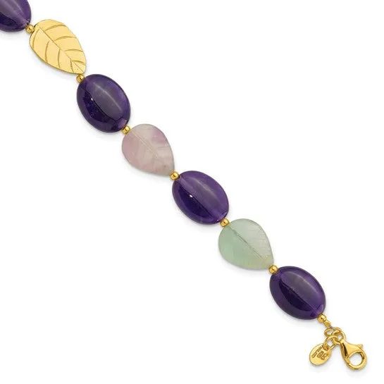 Sterling Silver Gold-plated Amethyst Fluorite and Jade Beaded Bracelet