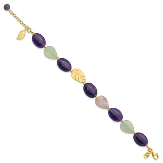 Sterling Silver Gold-plated Amethyst Fluorite and Jade Beaded Bracelet