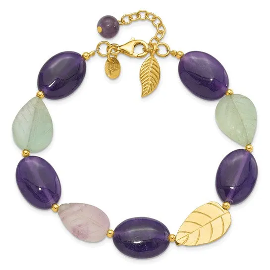 Sterling Silver Gold-plated Amethyst Fluorite and Jade Beaded Bracelet