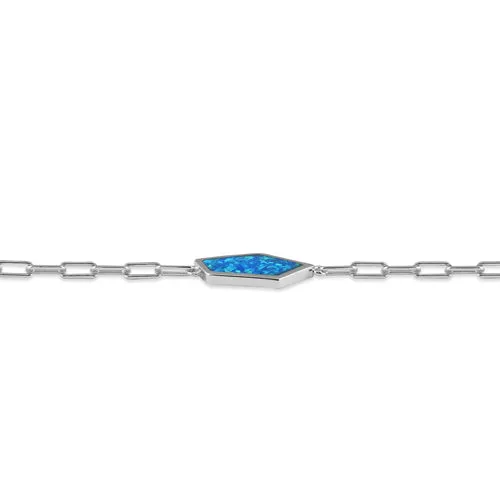 Sterling Silver Lab Opal Hexagon Paperclip Adjustable Bracelet