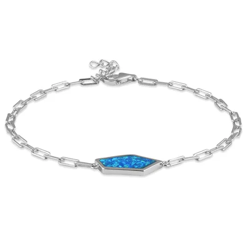 Sterling Silver Lab Opal Hexagon Paperclip Adjustable Bracelet